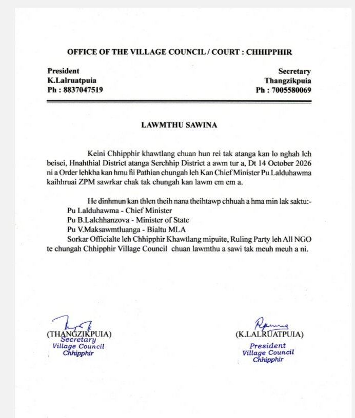 Village Council/Court Chhipphir in lawmthu sawi.